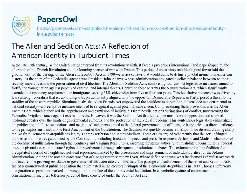 Essay on The Alien and Sedition Acts: a Reflection of American Identity in Turbulent Times