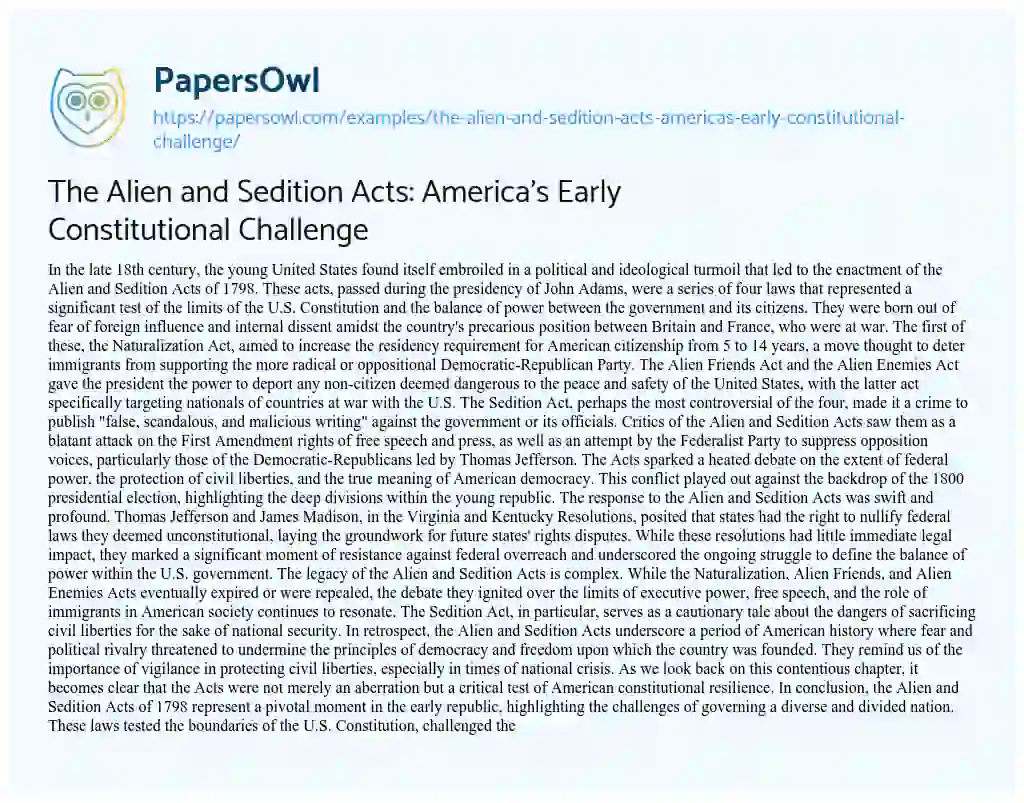 Essay on The Alien and Sedition Acts: America’s Early Constitutional Challenge