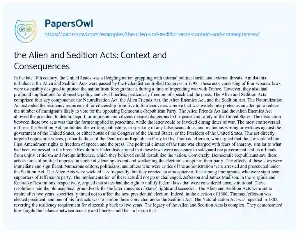 Essay on the Alien and Sedition Acts: Context and Consequences