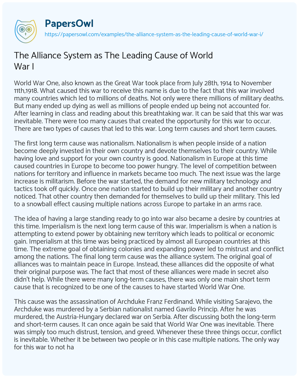 Essay on The Alliance System as the Leading Cause of World War i