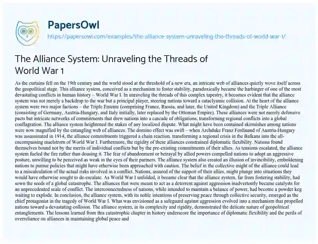 Essay on The Alliance System: Unraveling the Threads of World War 1