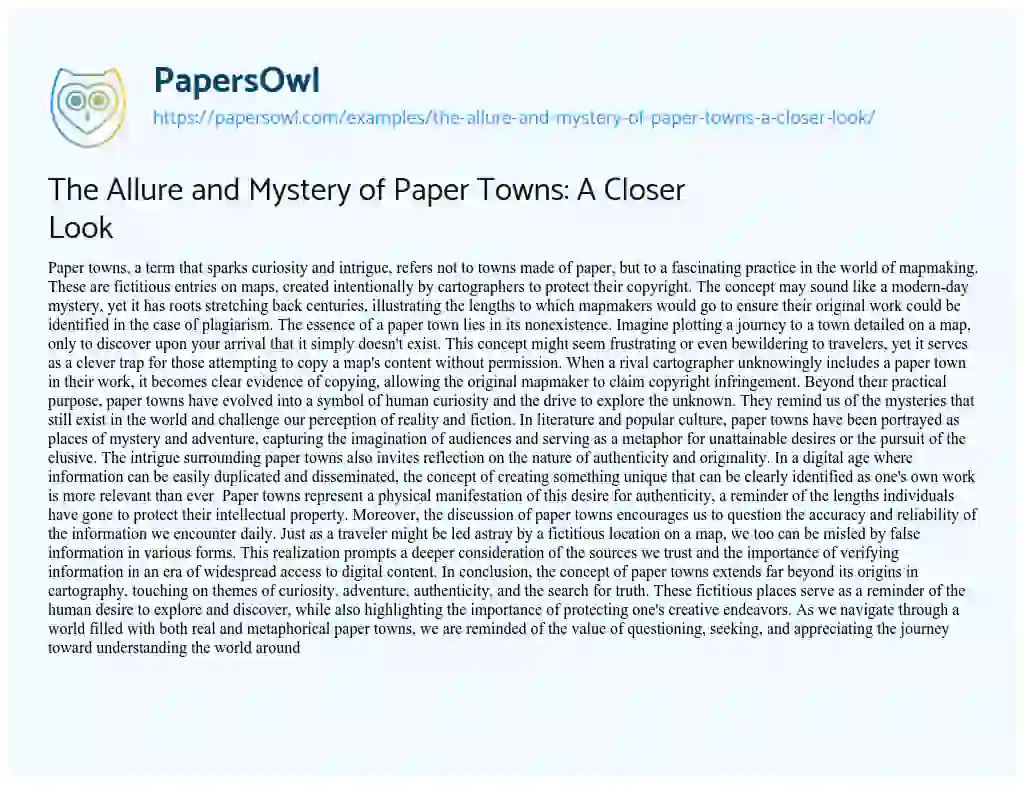 Essay on The Allure and Mystery of Paper Towns: a Closer Look