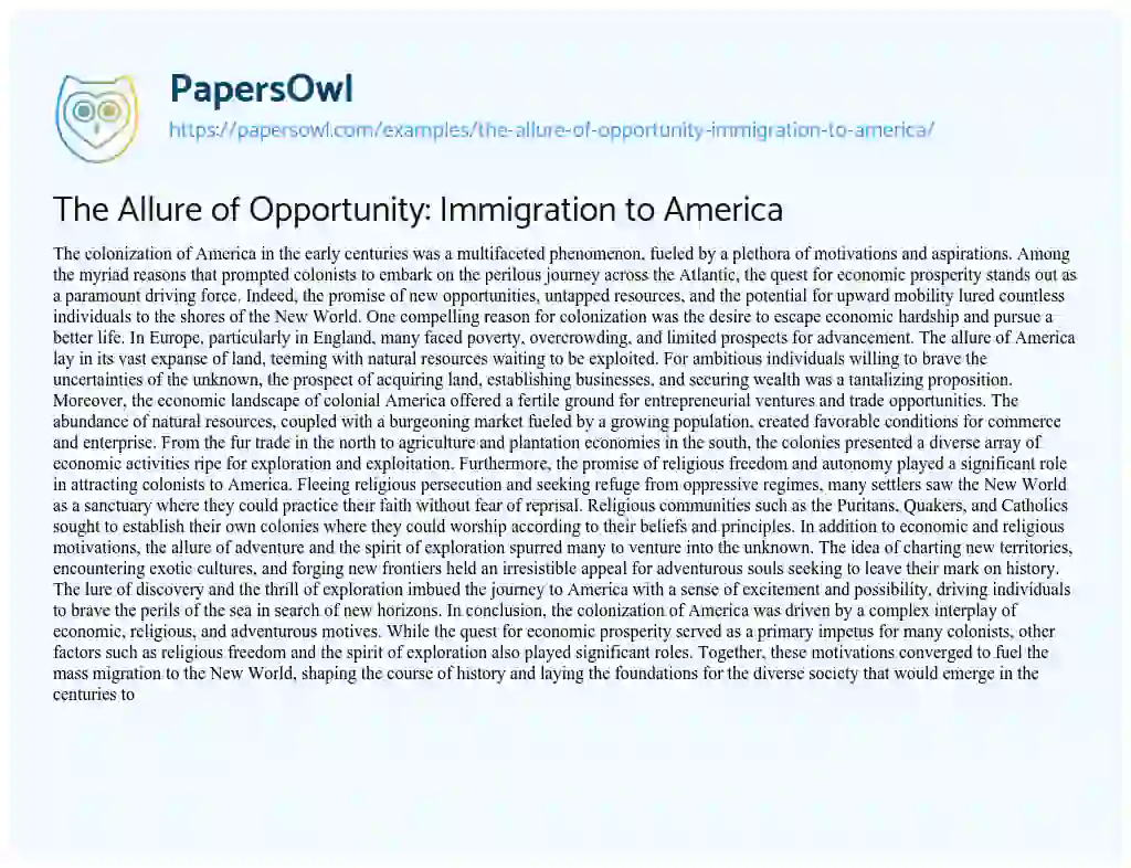 Essay on The Allure of Opportunity: Immigration to America