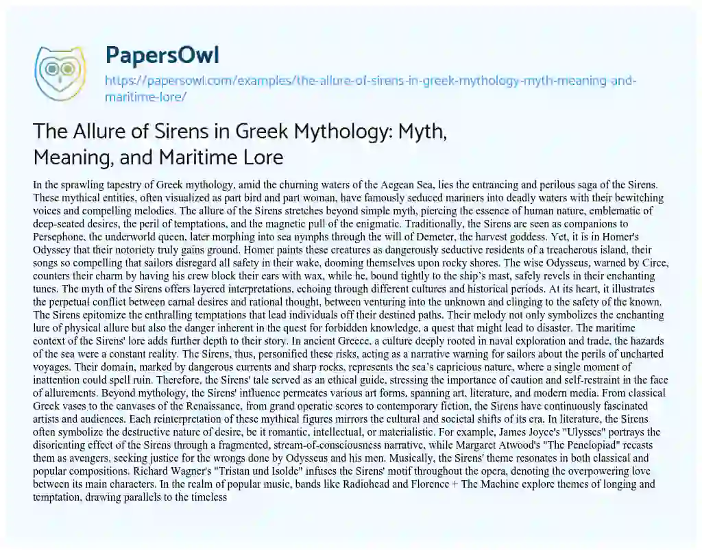 The Allure of Sirens in Greek Mythology: Myth, Meaning, and Maritime