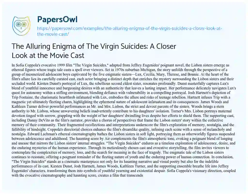 Essay on The Alluring Enigma of the Virgin Suicides: a Closer Look at the Movie Cast