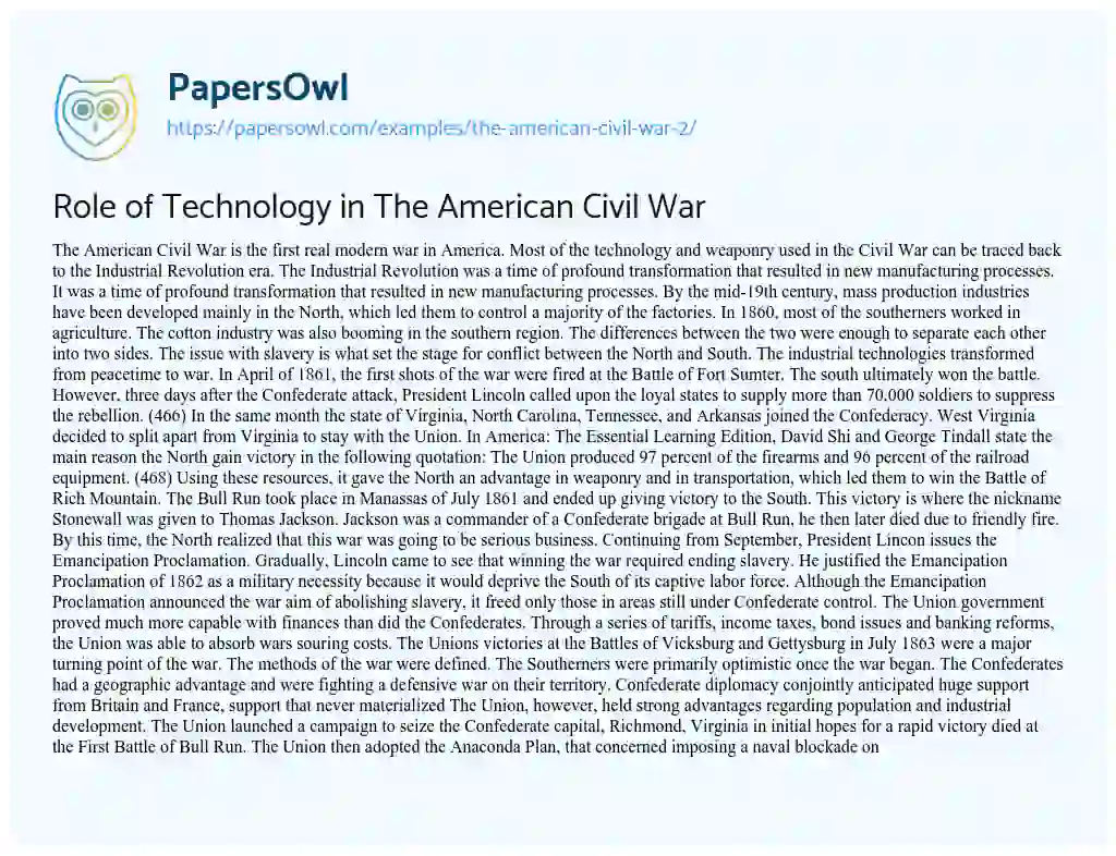 Essay on Role of Technology in the American Civil War