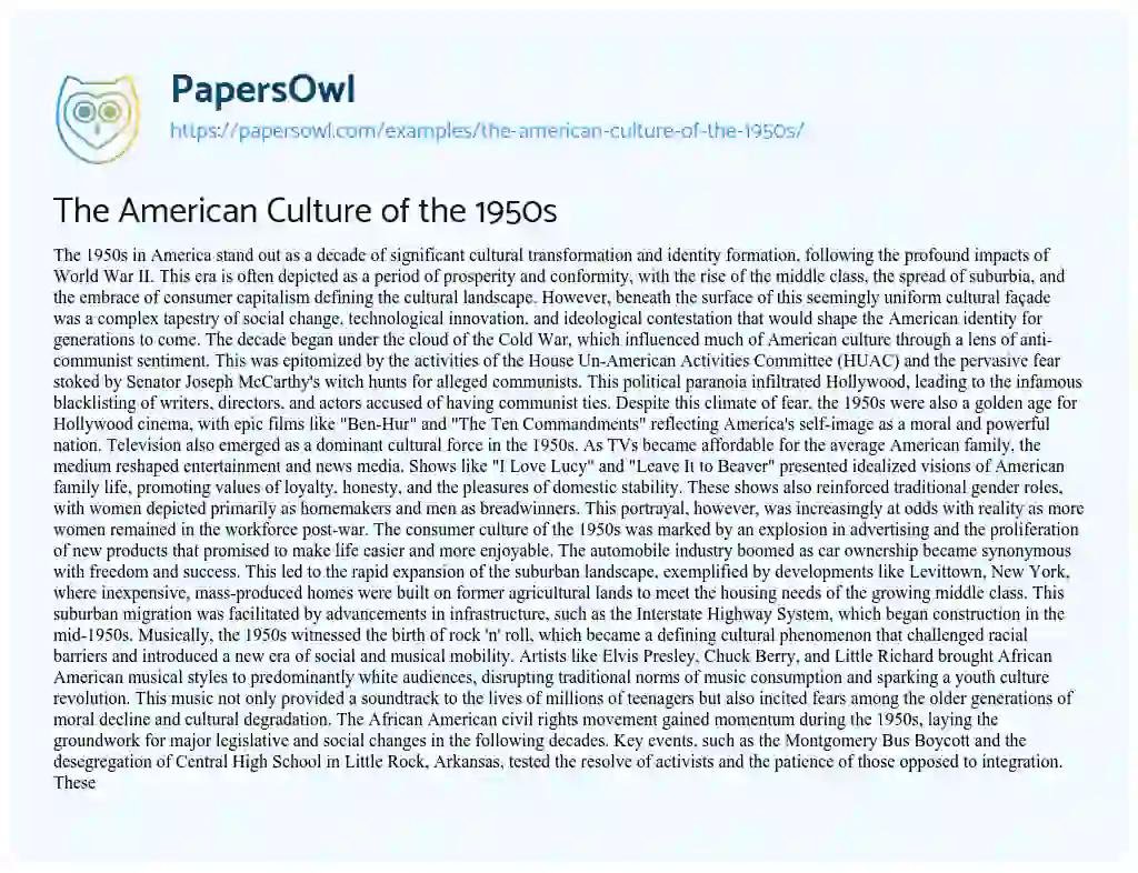 Essay on The American Culture of the 1950s