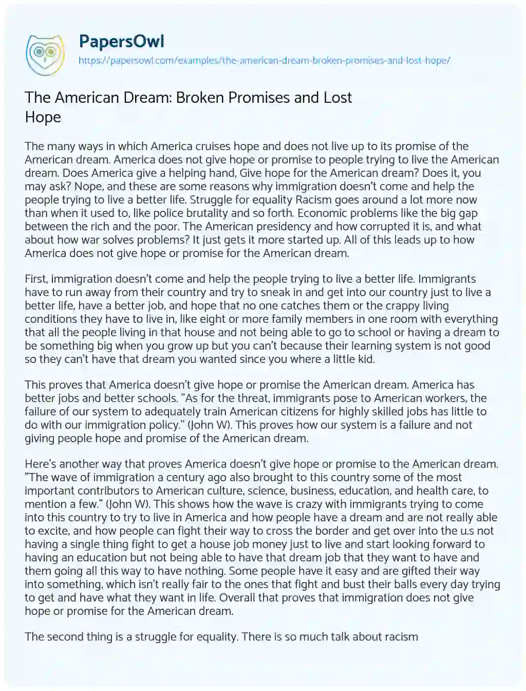 Essay on The American Dream: Broken Promises and Lost Hope