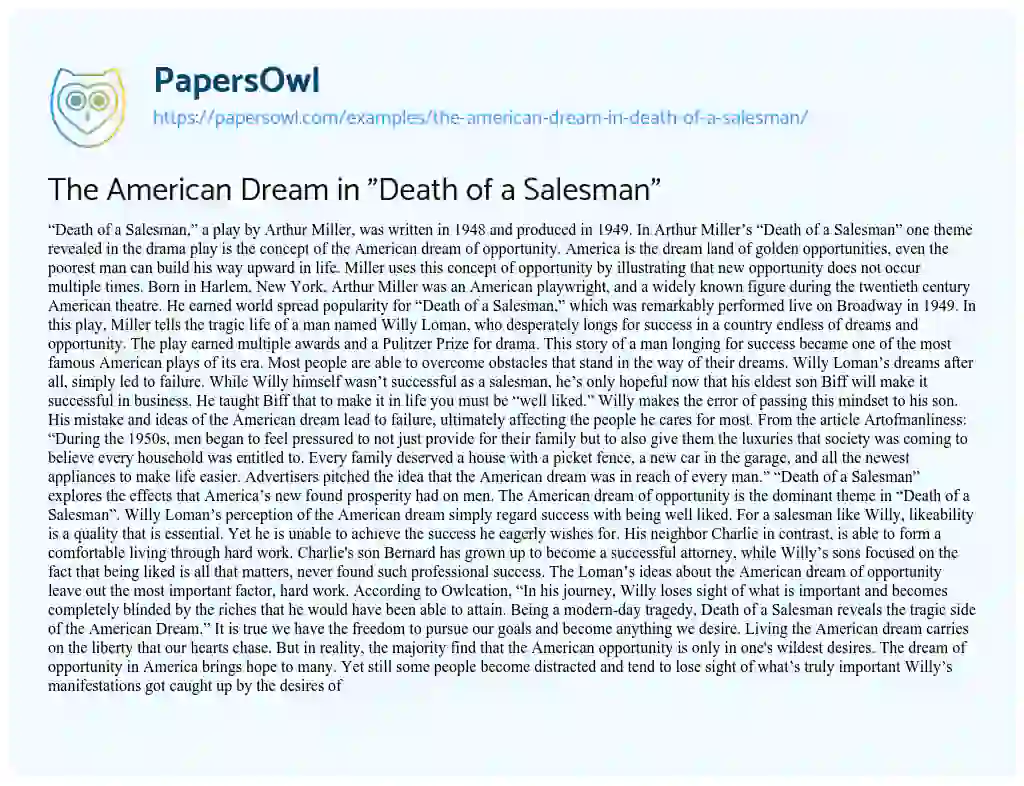 Essay on The American Dream in “Death of a Salesman”