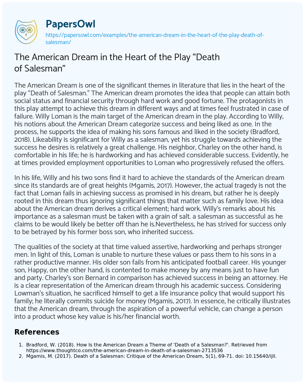 Essay on The American Dream in the Heart of the Play “Death of Salesman”