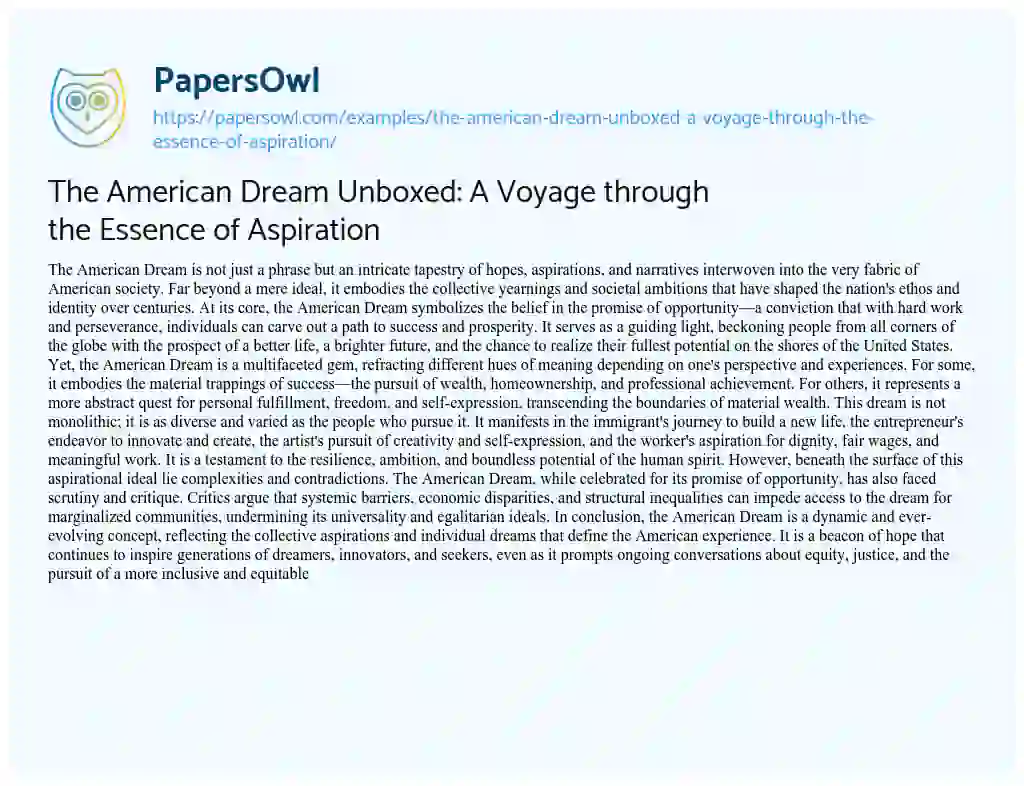 Essay on The American Dream Unboxed: a Voyage through the Essence of Aspiration