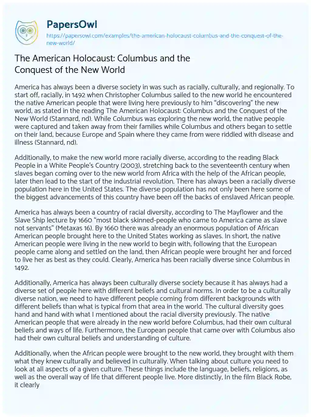 The American Holocaust: Columbus and the Conquest of the New World essay