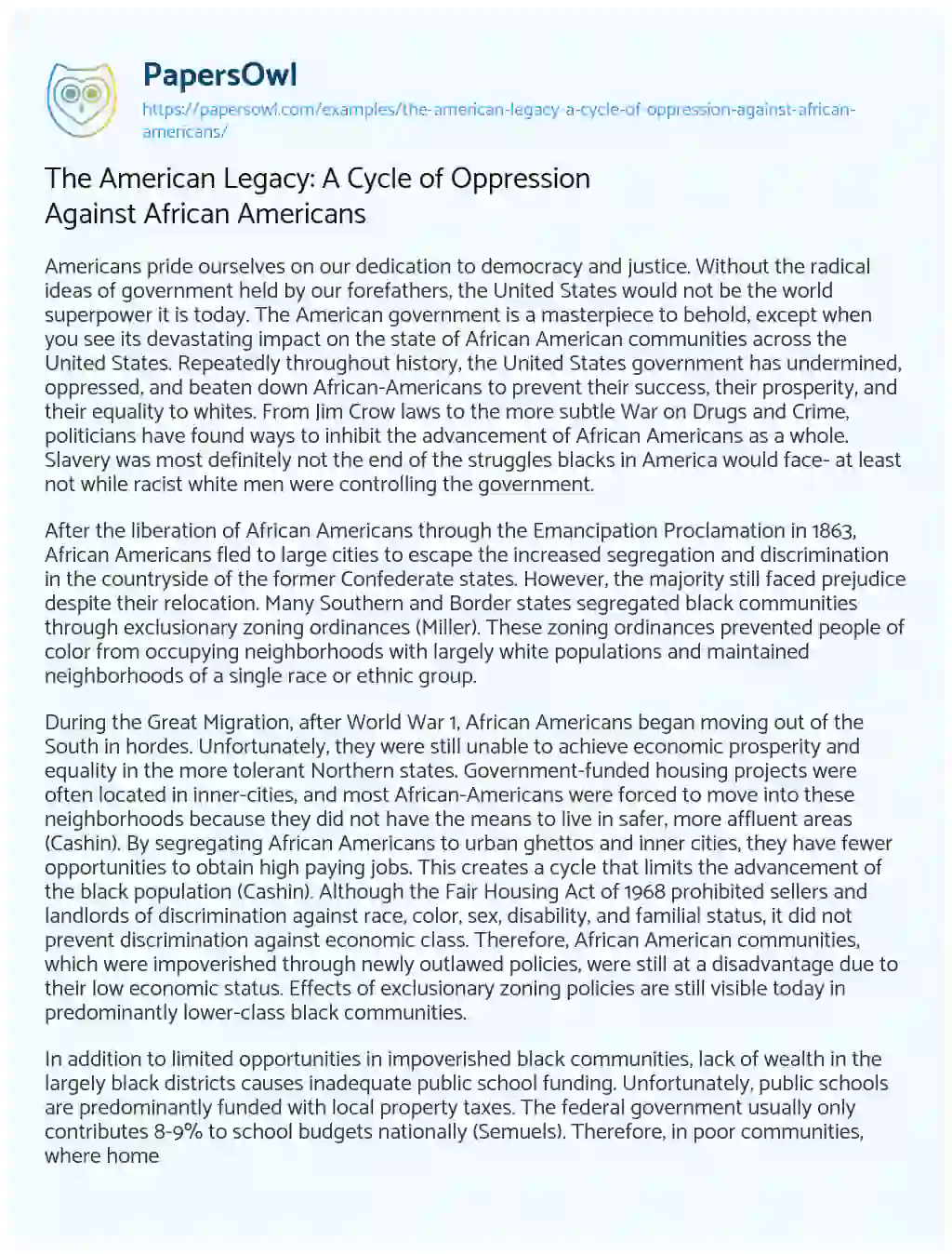 The American Legacy: a Cycle of Oppression against African Americans essay