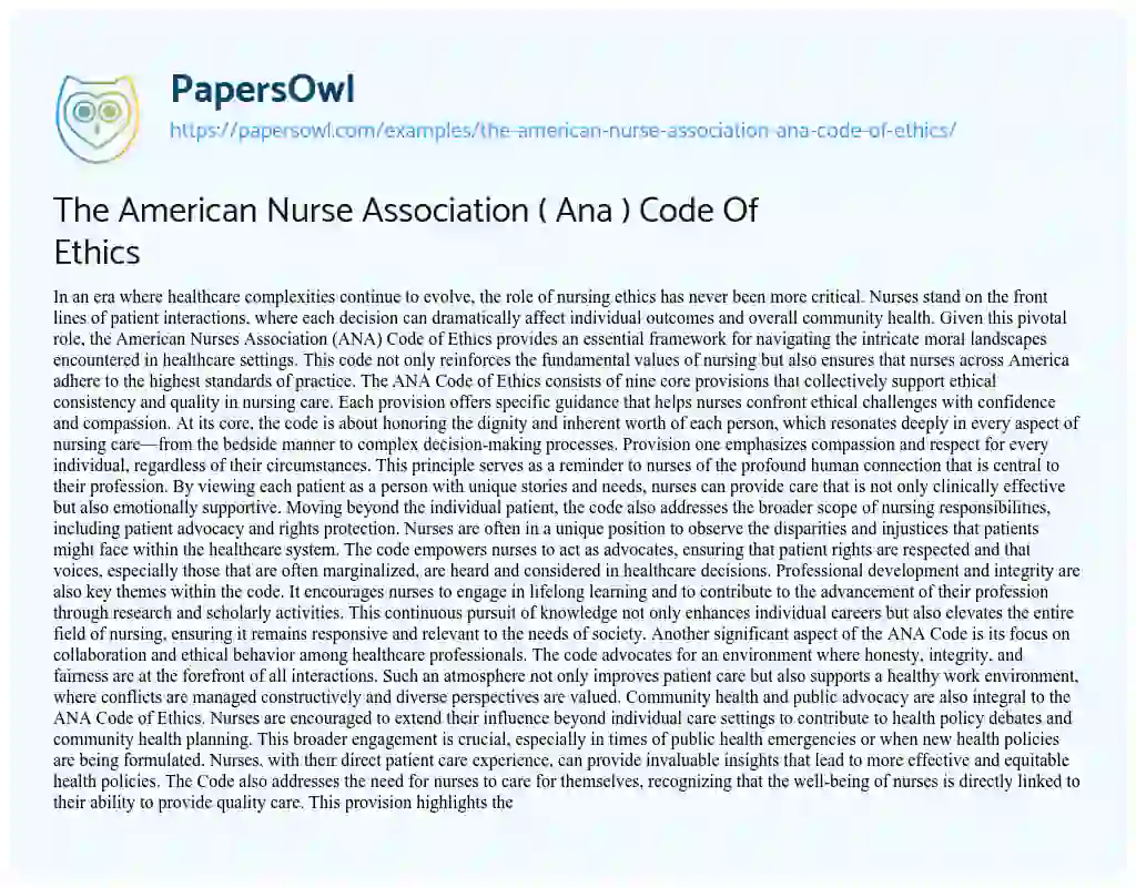 Essay on The American Nurse Association ( Ana ) Code of Ethics