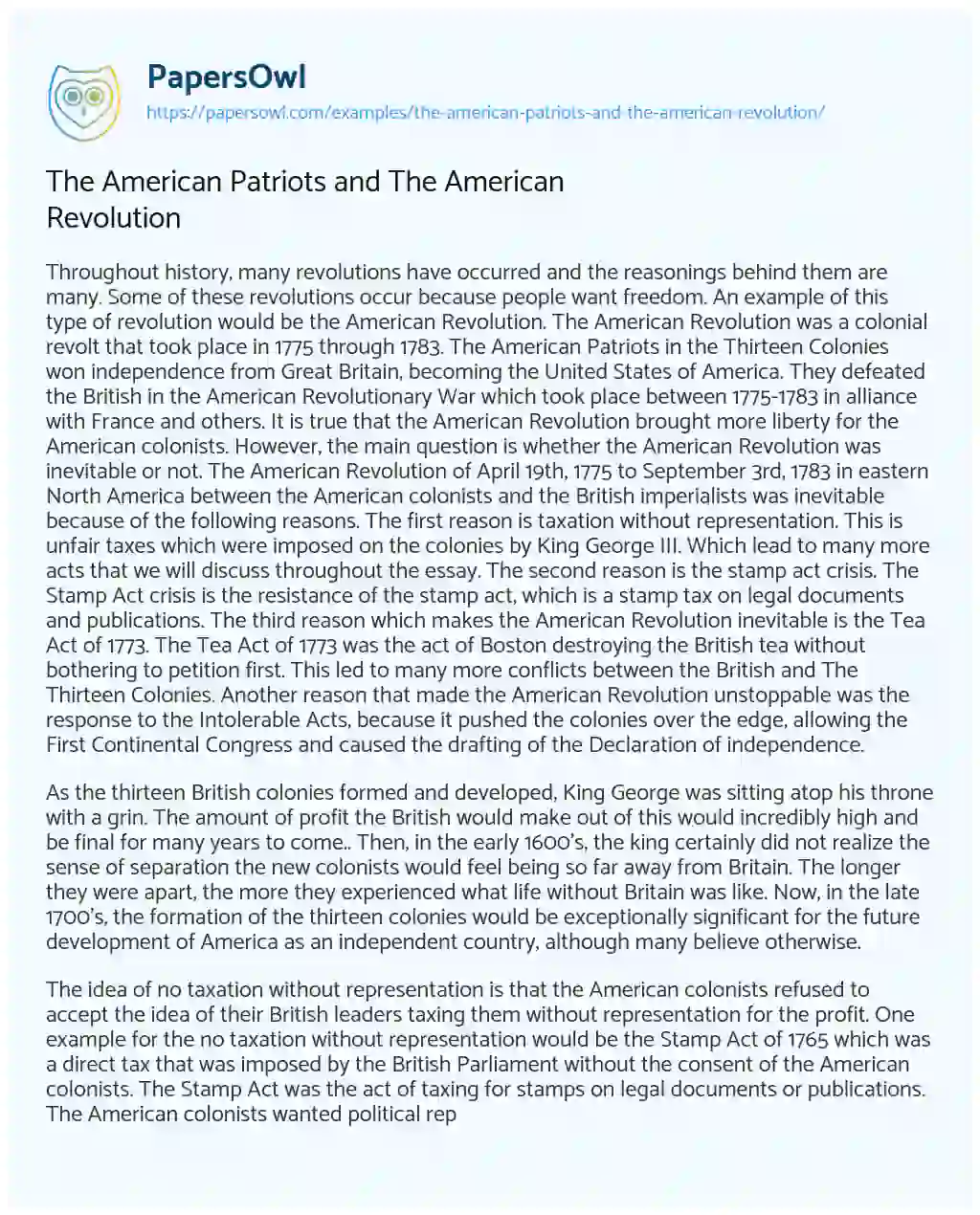 Essay on The American Patriots and the American Revolution