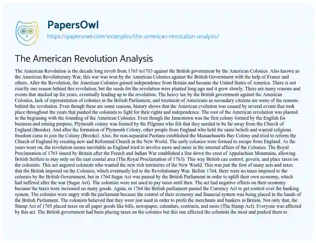 Essay on The American Revolution Analysis