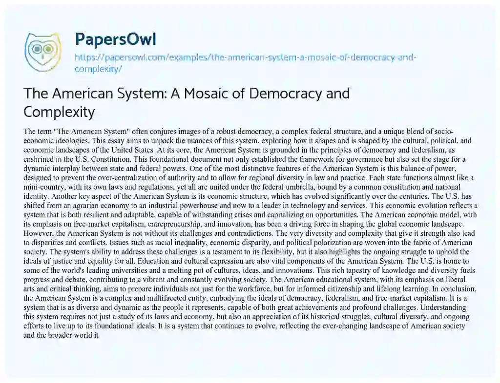 Essay on The American System: a Mosaic of Democracy and Complexity