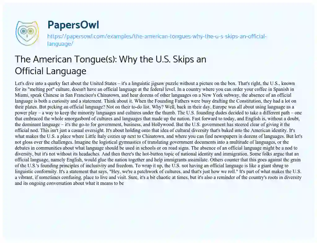 Essay on The American Tongue(s): why the U.S. Skips an Official Language
