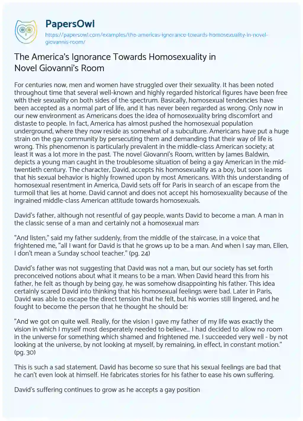 Essay on The America’s Ignorance Towards Homosexuality in Novel Giovanni’s Room