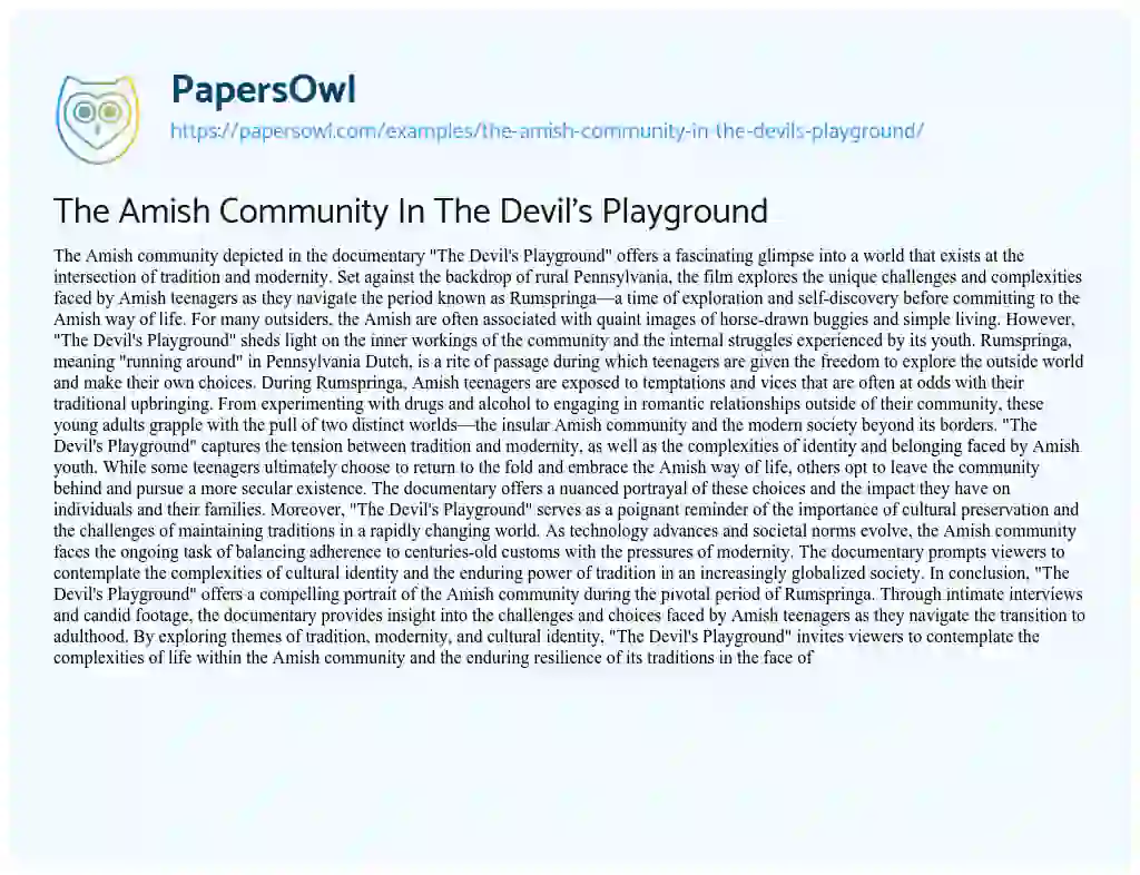 Essay on The Amish Community in the Devil’s Playground