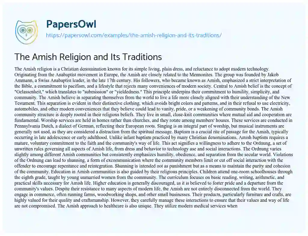 Essay on The Amish Religion and its Traditions