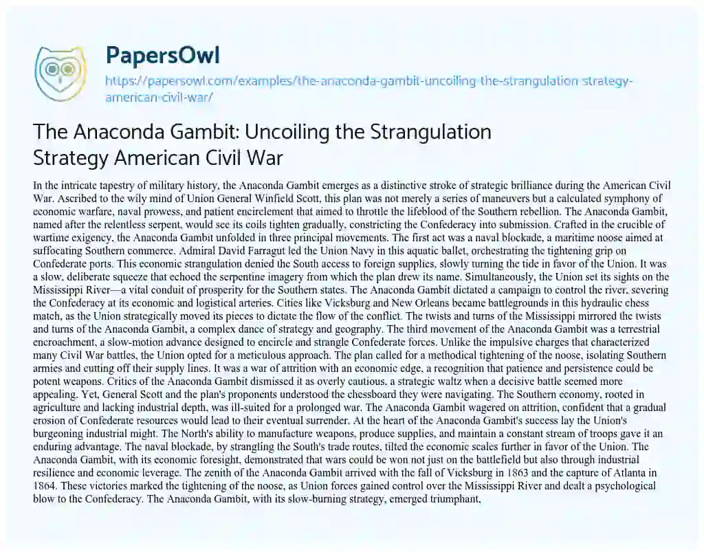 Essay on The Anaconda Gambit: Uncoiling the Strangulation Strategy American Civil War