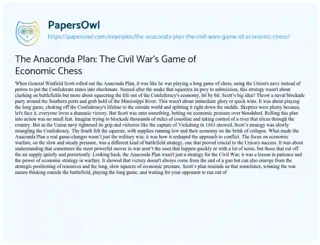 Essay on The Anaconda Plan: the Civil War’s Game of Economic Chess