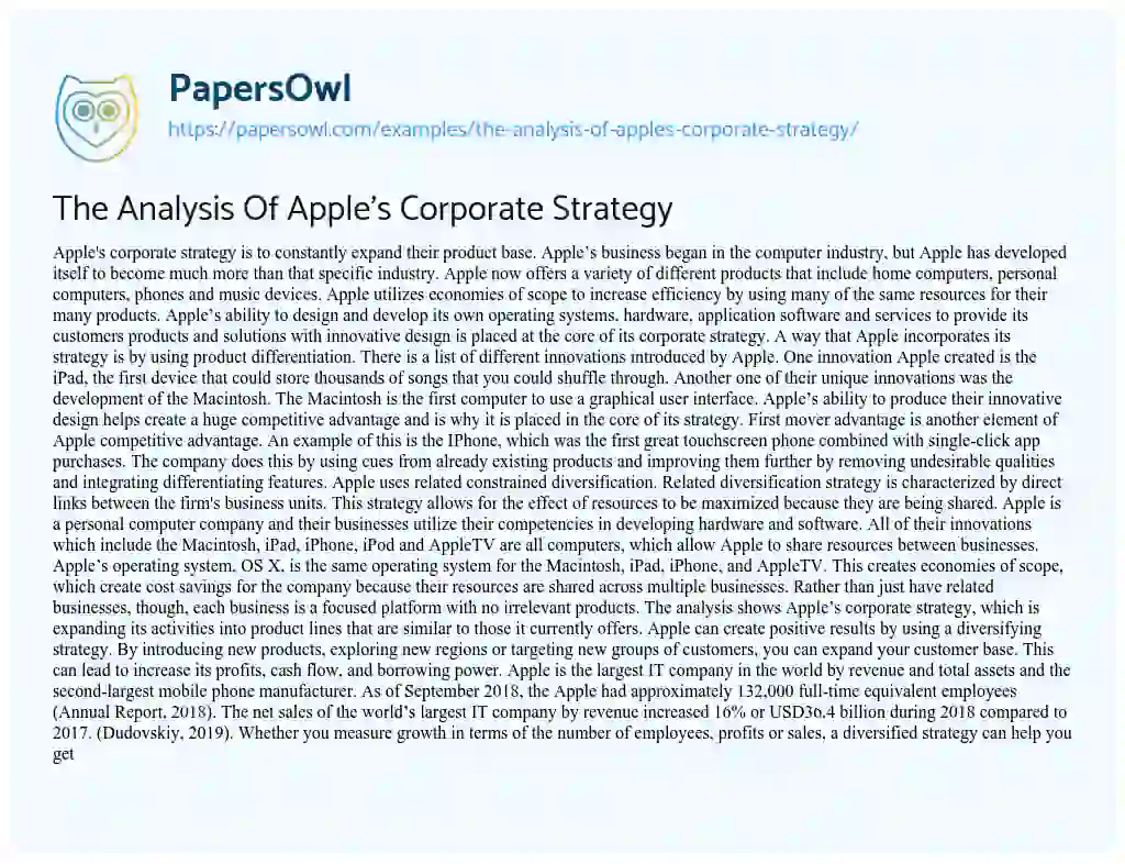 Essay on The Analysis of Apple’s Corporate Strategy
