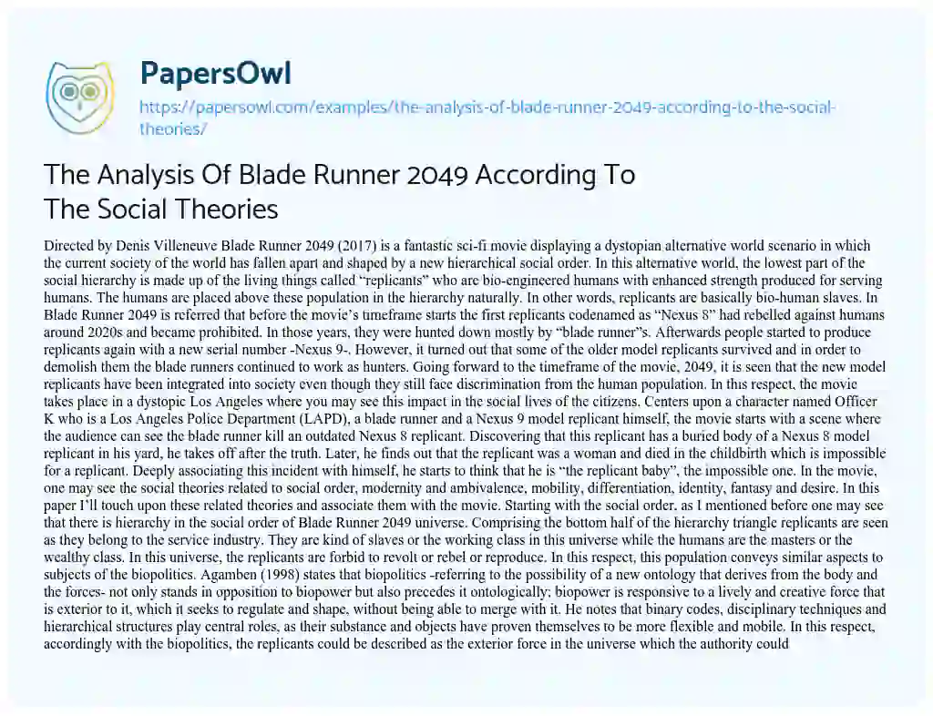 Essay on The Analysis of Blade Runner 2049 According to the Social Theories