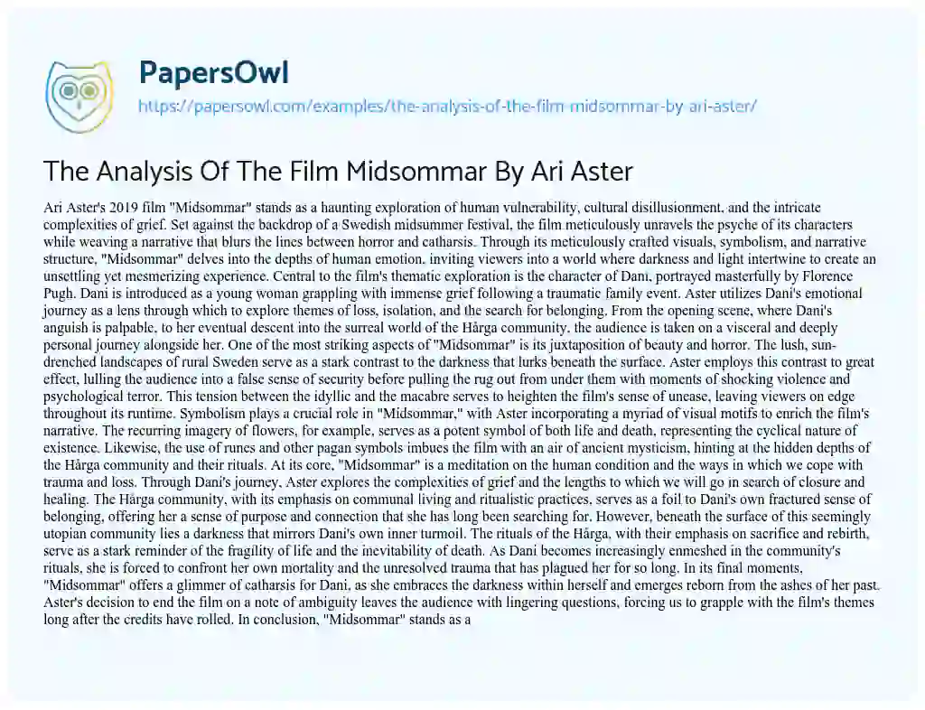 Essay on The Analysis of the Film Midsommar by Ari Aster