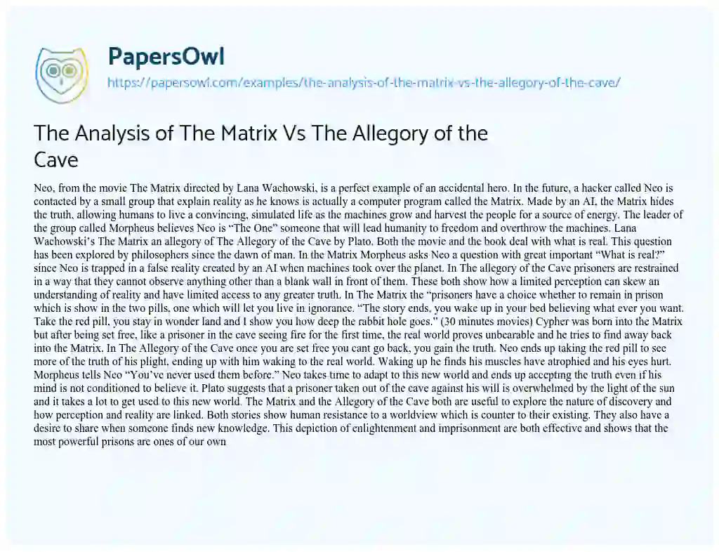 Essay on The Analysis of the Matrix Vs the Allegory of the Cave