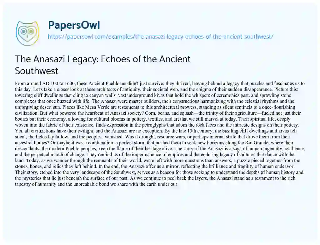 Essay on The Anasazi Legacy: Echoes of the Ancient Southwest