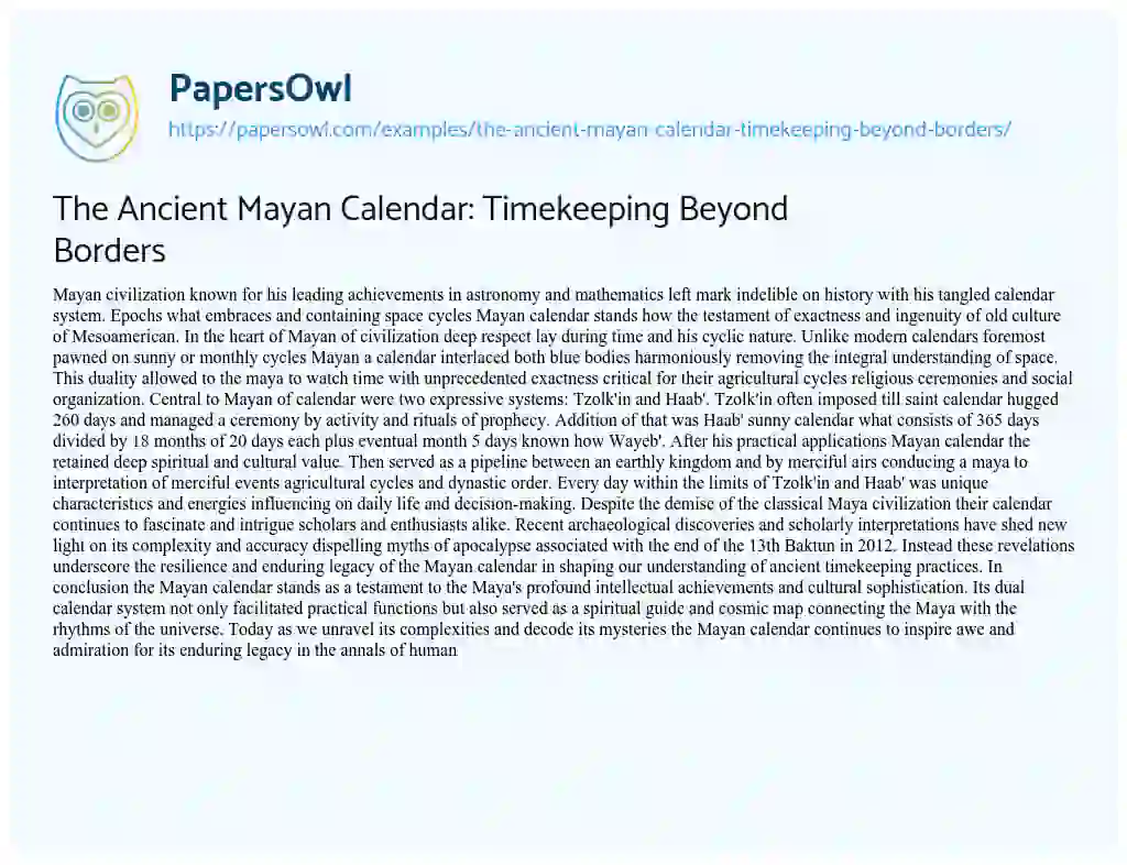 Essay on The Ancient Mayan Calendar: Timekeeping Beyond Borders