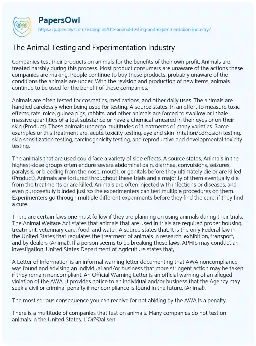 Essay on The Animal Testing and Experimentation Industry