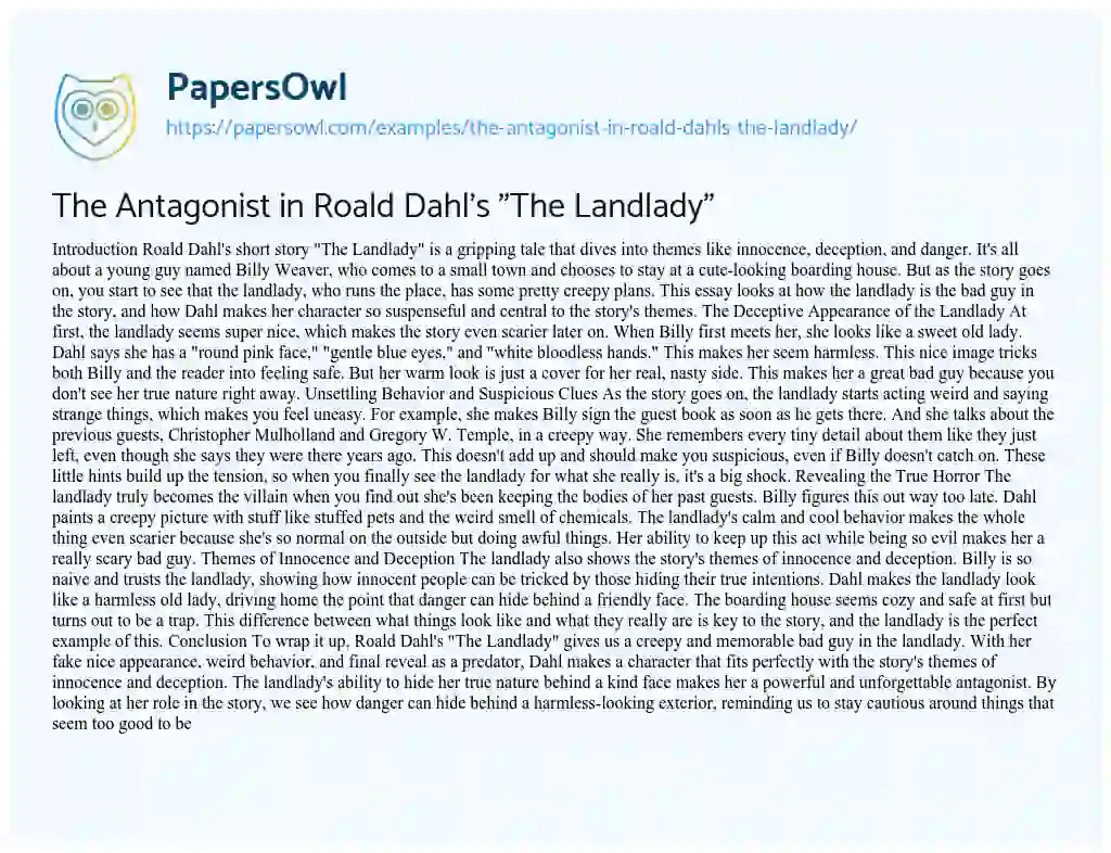 Essay on The Antagonist in Roald Dahl’s “The Landlady”