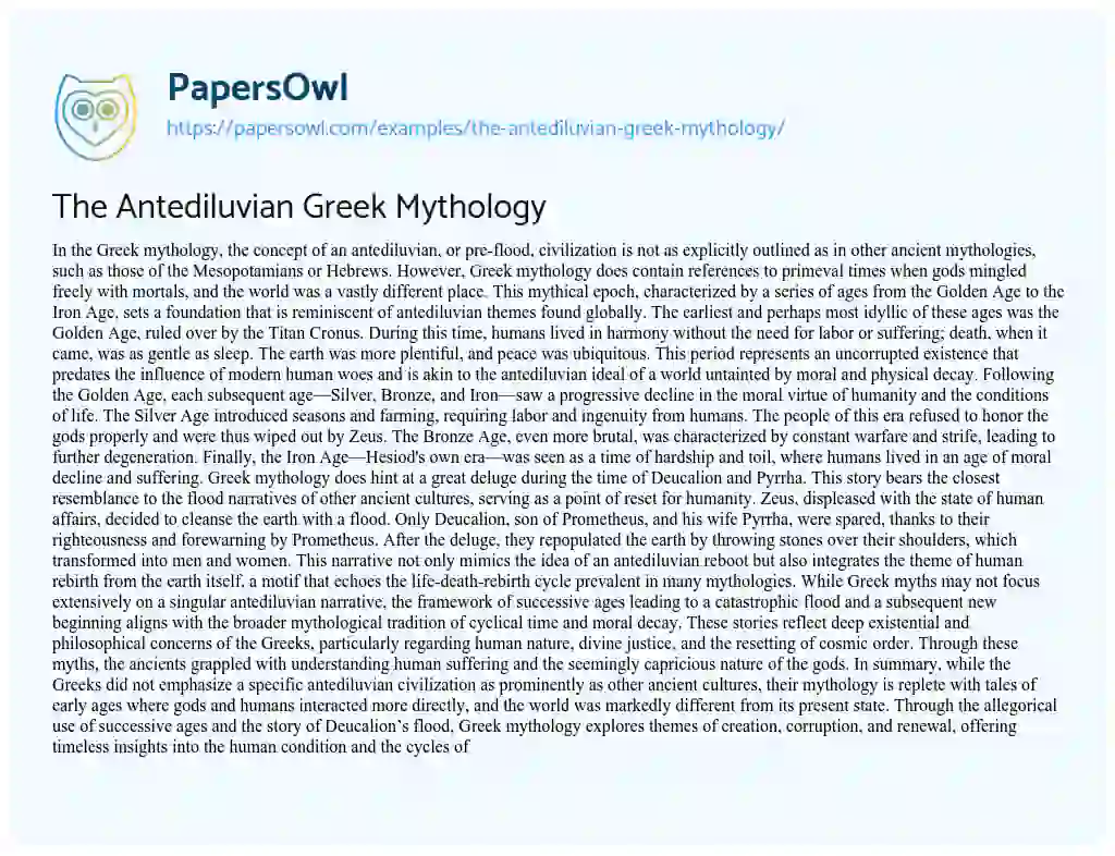 Essay on The Antediluvian Greek Mythology