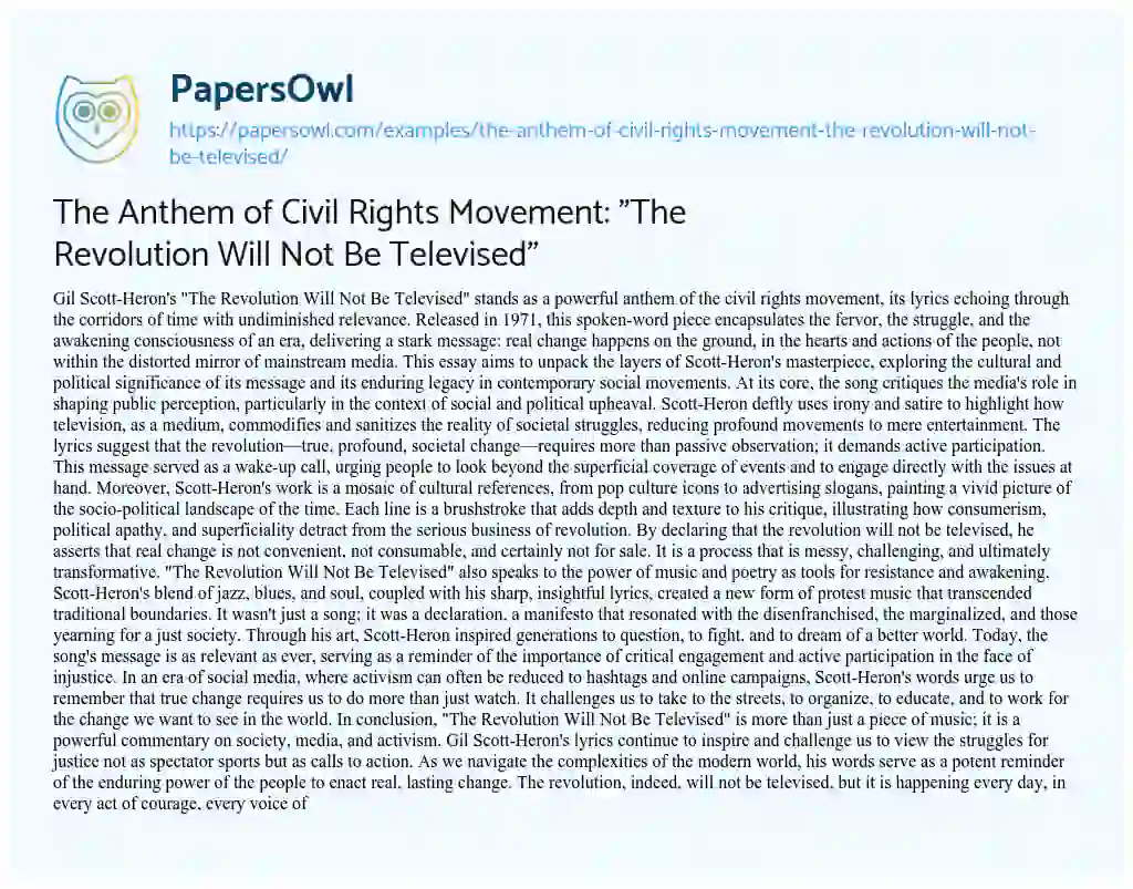 Essay on The Anthem of Civil Rights Movement: “The Revolution Will not be Televised”