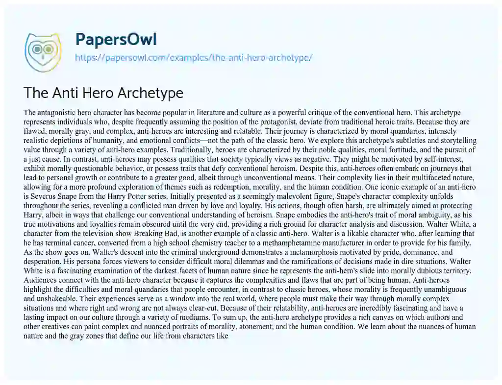 The Anti Hero Archetype - Free Essay Example - 574 Words | PapersOwl.com