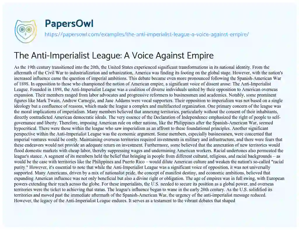 Essay on The Anti-Imperialist League: a Voice against Empire