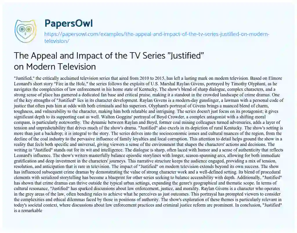 Essay on The Appeal and Impact of the TV Series “Justified” on Modern Television