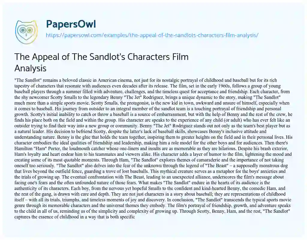 Essay on The Appeal of the Sandlot’s Characters Film Analysis