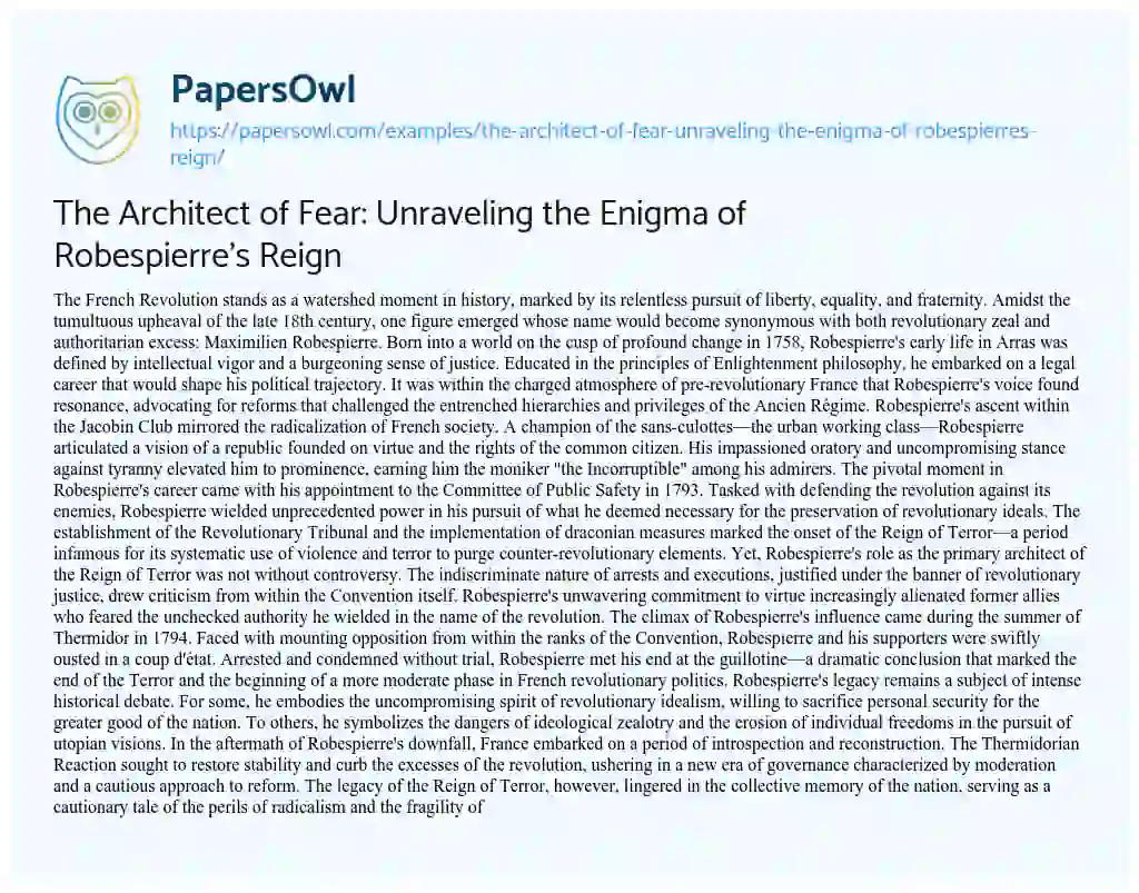 Essay on The Architect of Fear: Unraveling the Enigma of Robespierre’s Reign