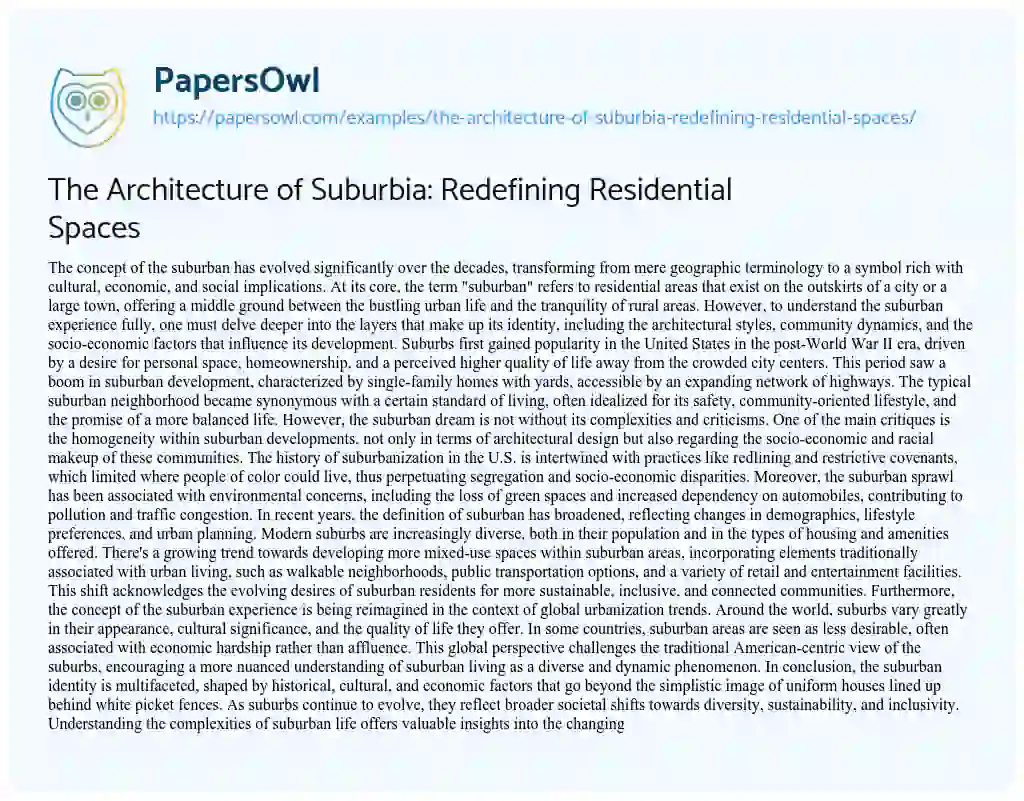Essay on The Architecture of Suburbia: Redefining Residential Spaces