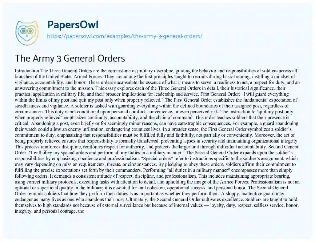 Essay on The Army 3 General Orders