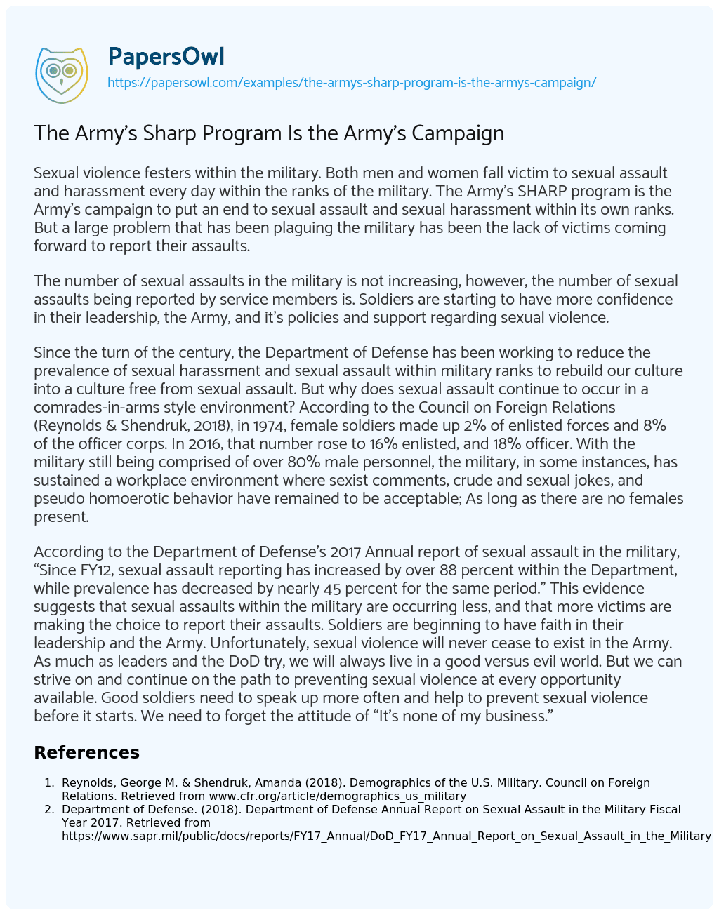 Essay on The Army’s Sharp Program is the Army’s Campaign