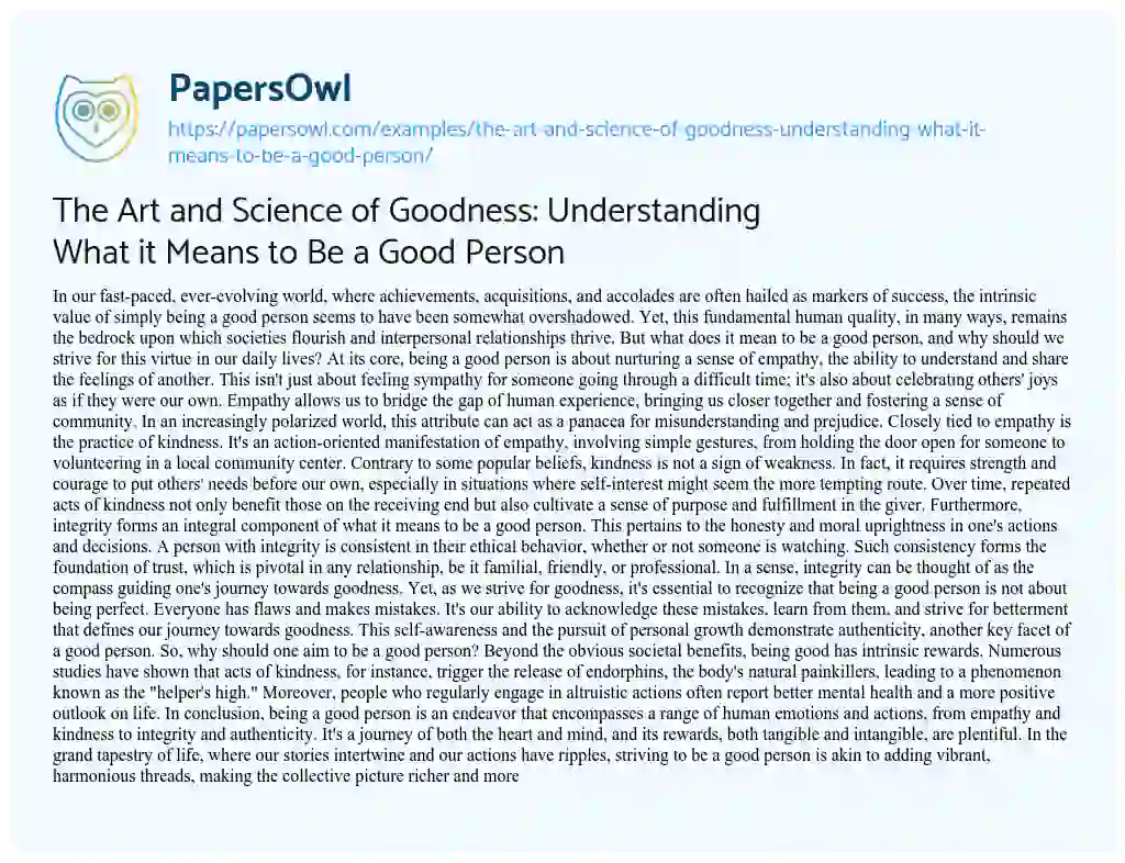 Essay on The Art and Science of Goodness: Understanding what it Means to be a Good Person