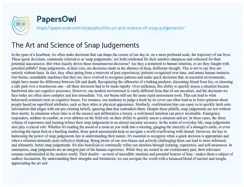 Essay on The Art and Science of Snap Judgements