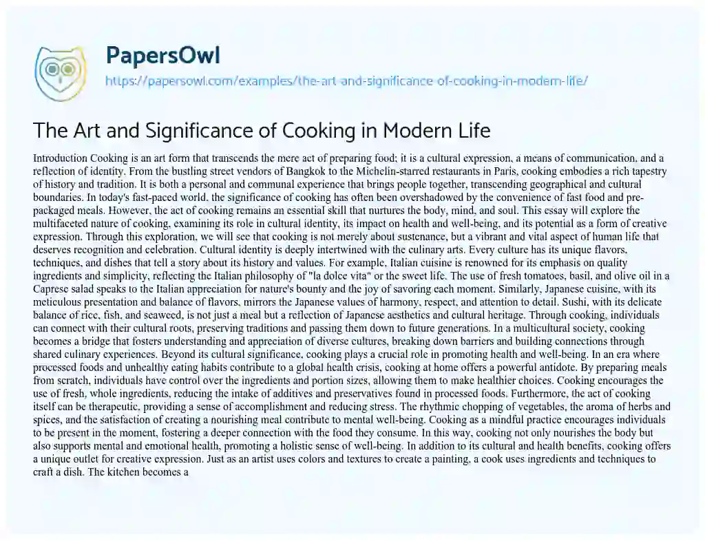 Essay on The Art and Significance of Cooking in Modern Life