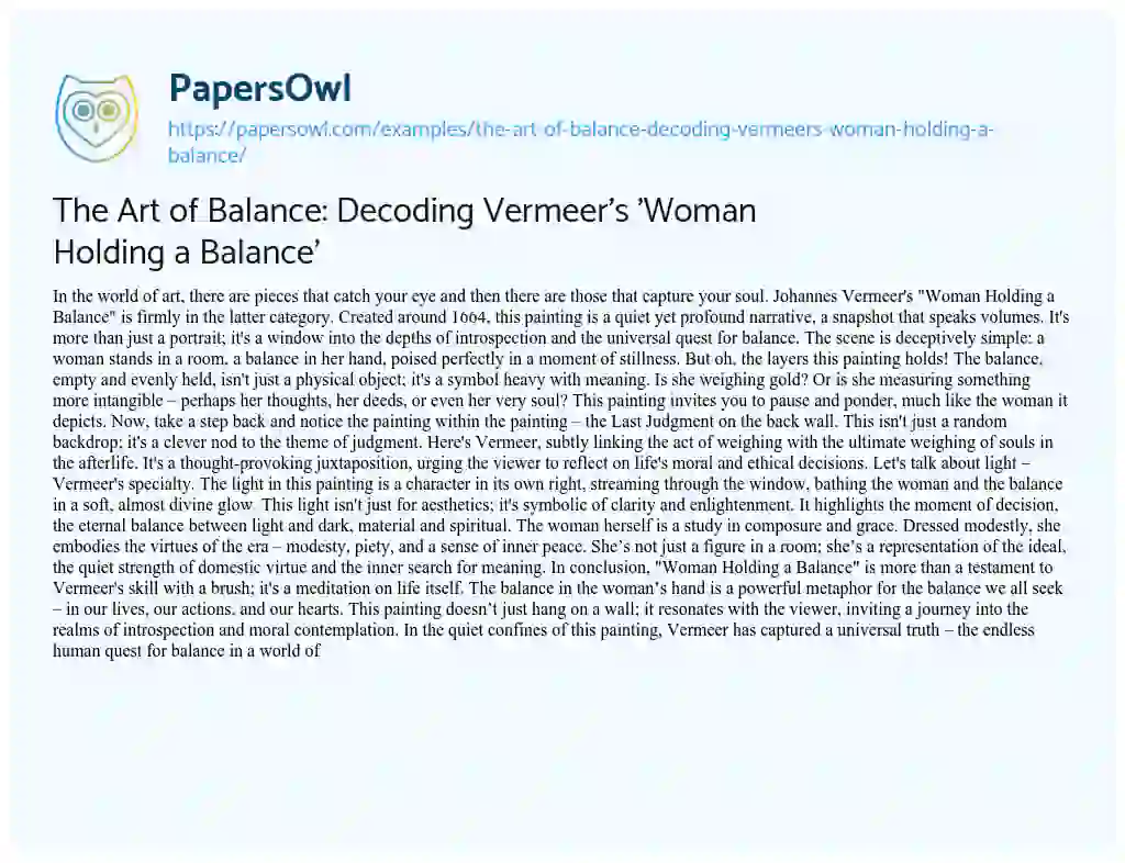 Essay on The Art of Balance: Decoding Vermeer’s ‘Woman Holding a Balance’