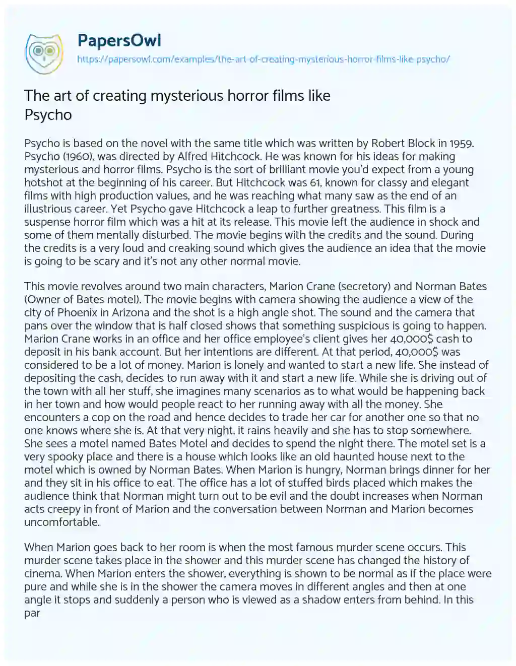 Essay on The Art of Creating Mysterious Horror Films Like Psycho